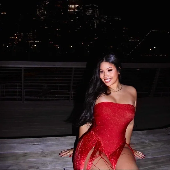 BELLA BARNETT: Strapless bodysuit Red Fringe Maxi Dress with Sheer Tassel Skirt - Picture 3 of 4